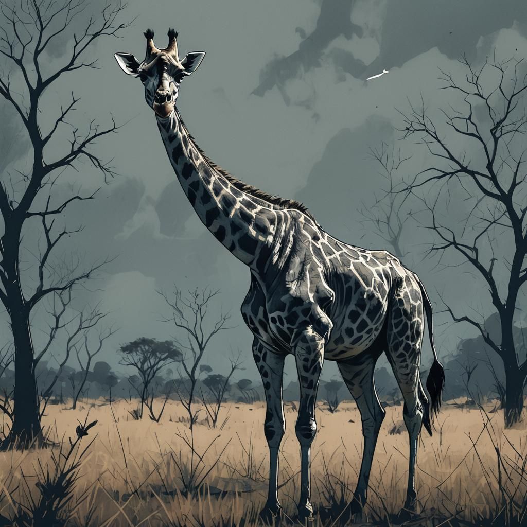 Ominous Giraffe in Sketch Style with Dramatic Lighting