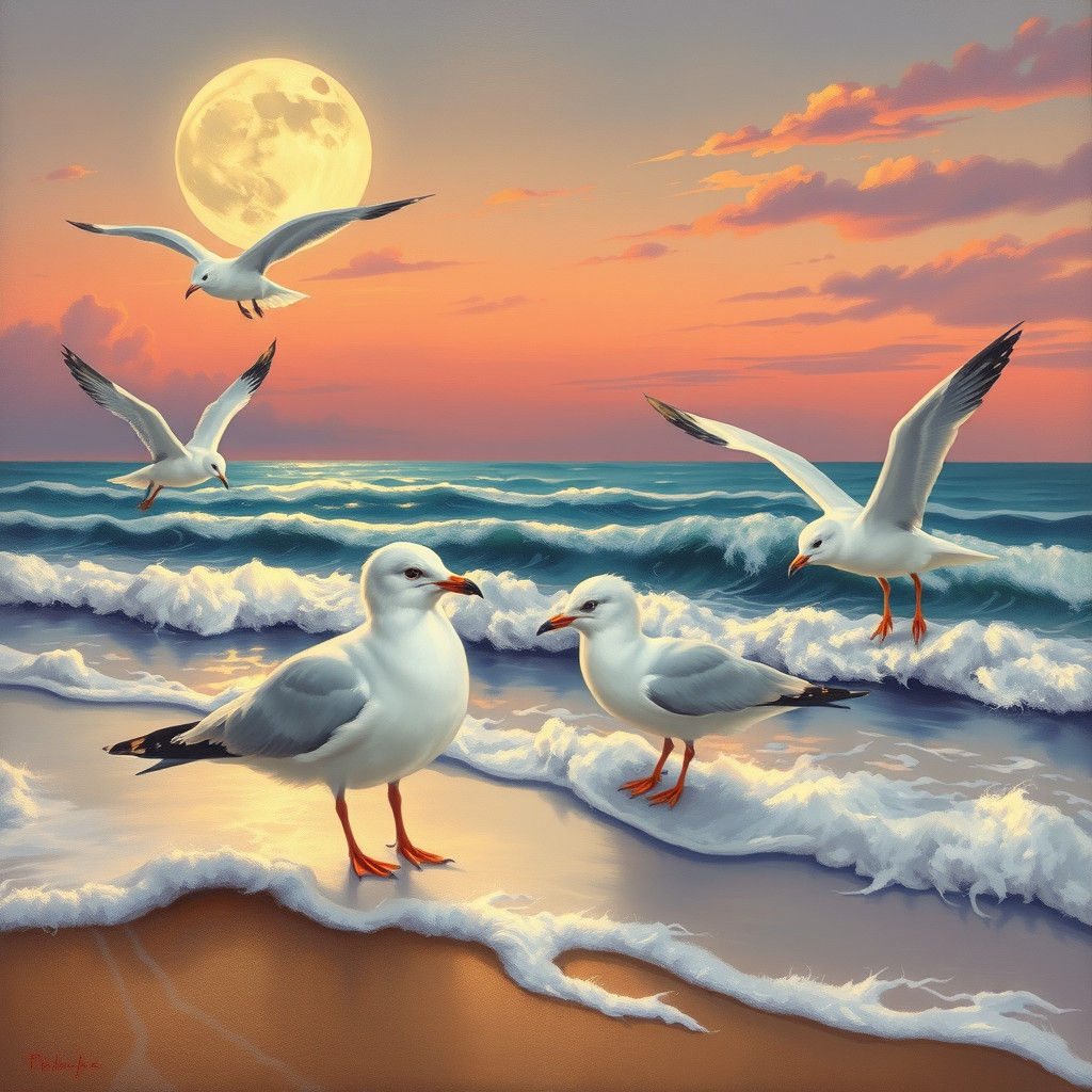 Moonlit Seagulls in Dreamy Impressionist Style
