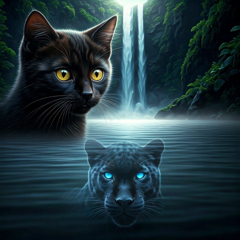 Kitten's Reflection: Jaguar with Glowing Eyes