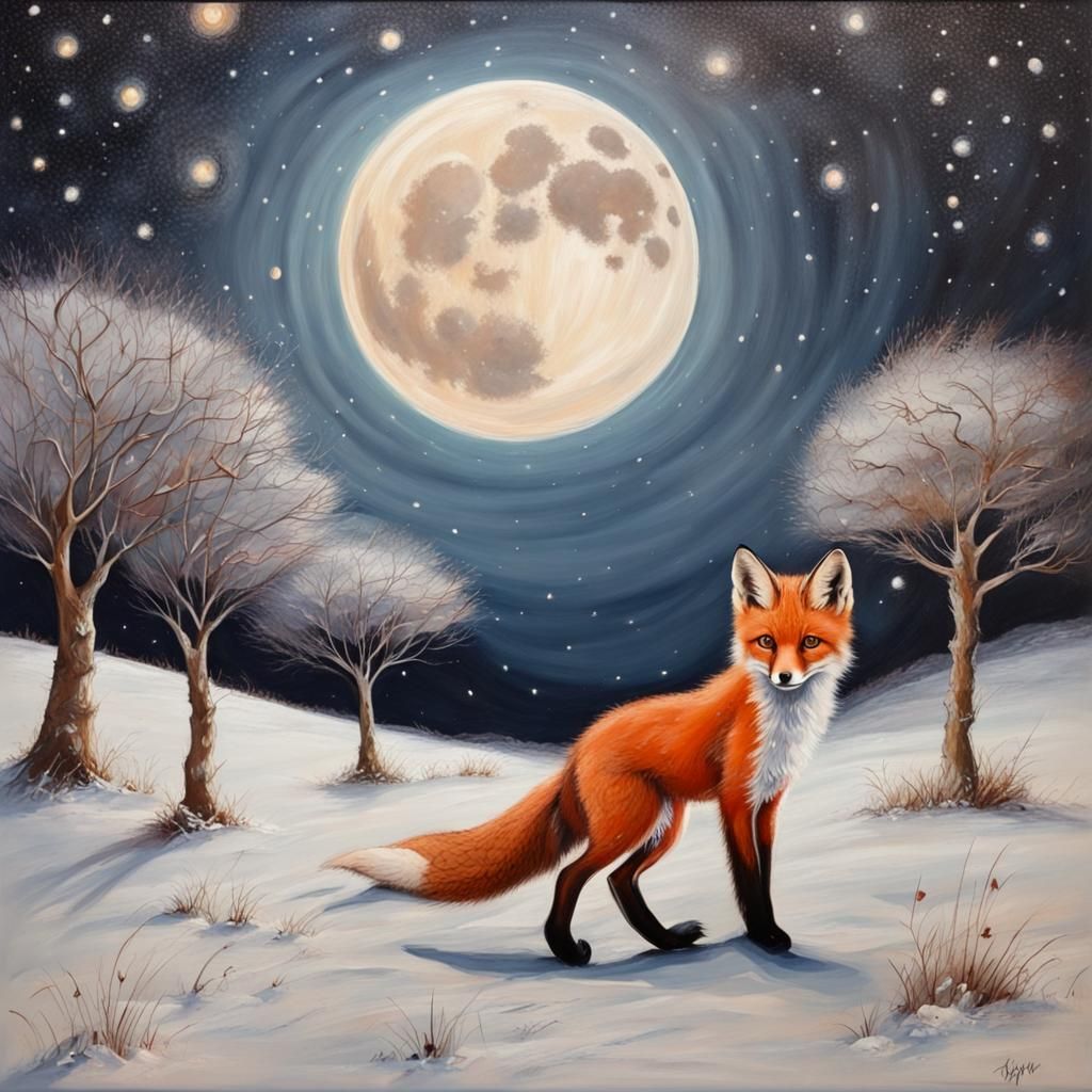 Kitten Hunting Fox on Snowy Moor in Acrylic Style