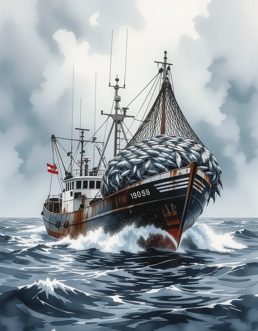 Trawler Listing in Stormy Seas, Heavy Net of Fish