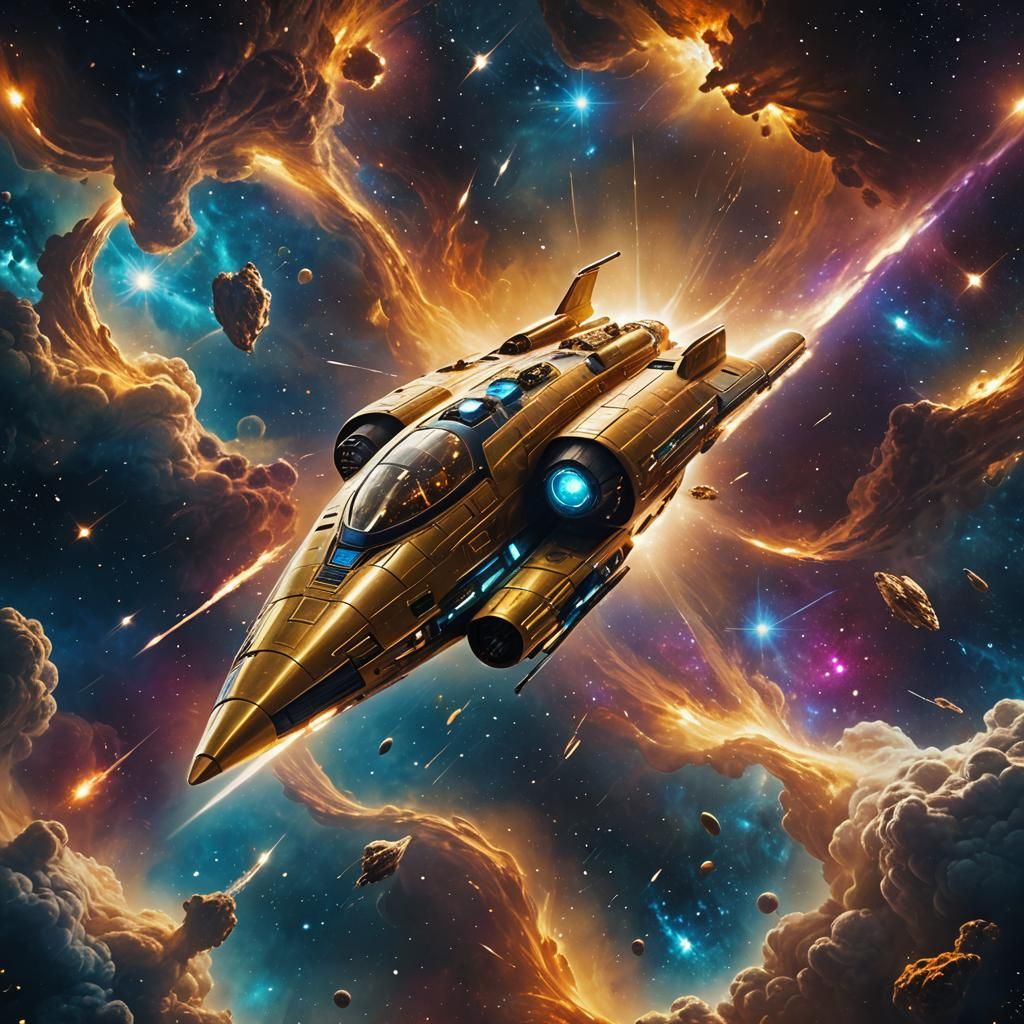 Golden Spaceship Soaring Through Galaxy in Film Noir Style
