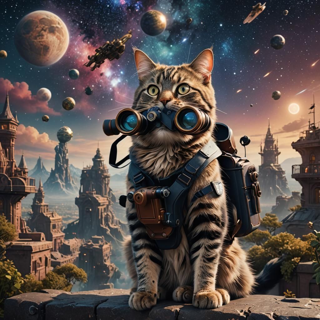 Cat Stargazing with Binoculars: Fantasy Concept Art