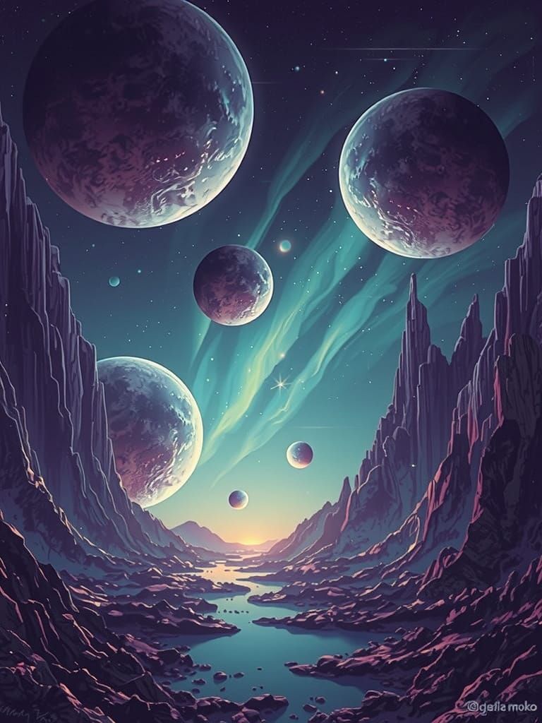 Iridescent Moons and Nebulae in Digital Art