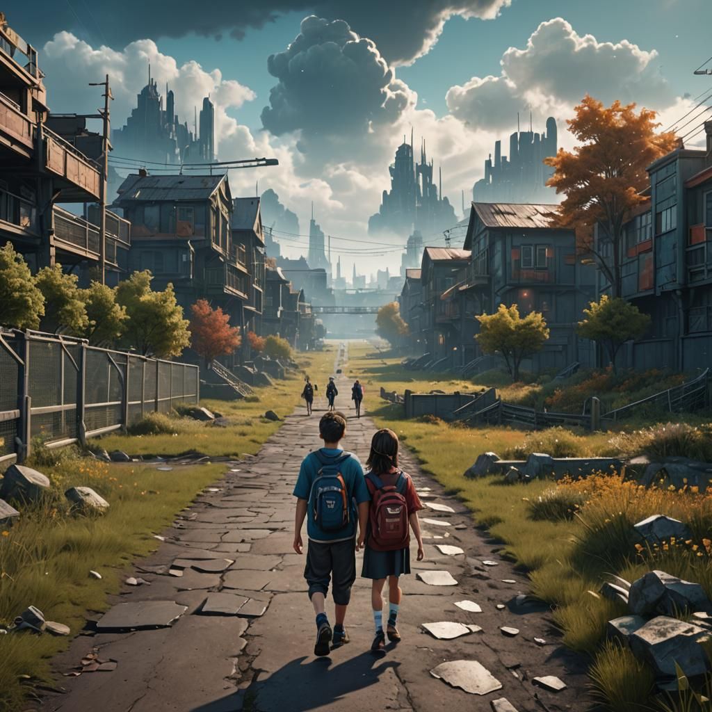 Children Stroll to Football Fields: Matte Painting
