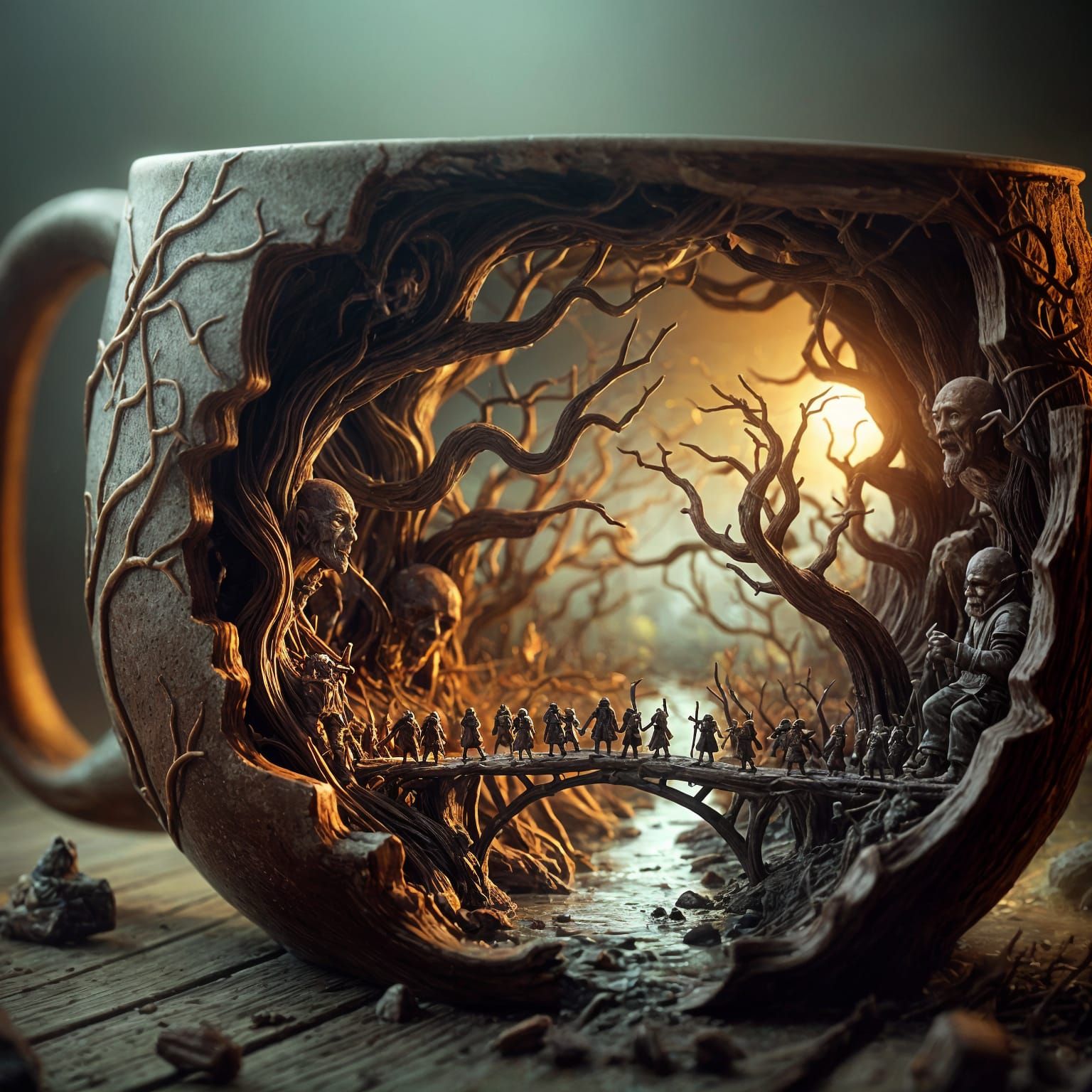 Dark Fantasy Battle Scene in a Broken Ceramic Mug