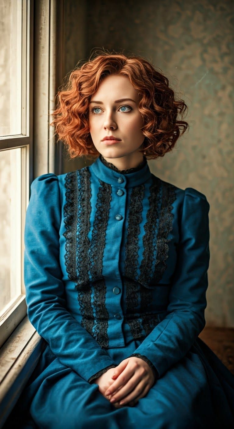 Vintage-Era Woman in Elegant Blue Dress, Soft Light, and Ant...