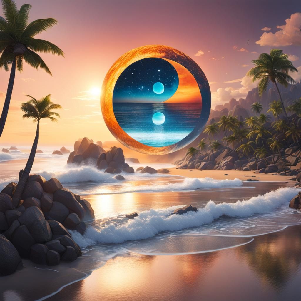 Ethereal Yin Yang Sunset Beach Double Exposure