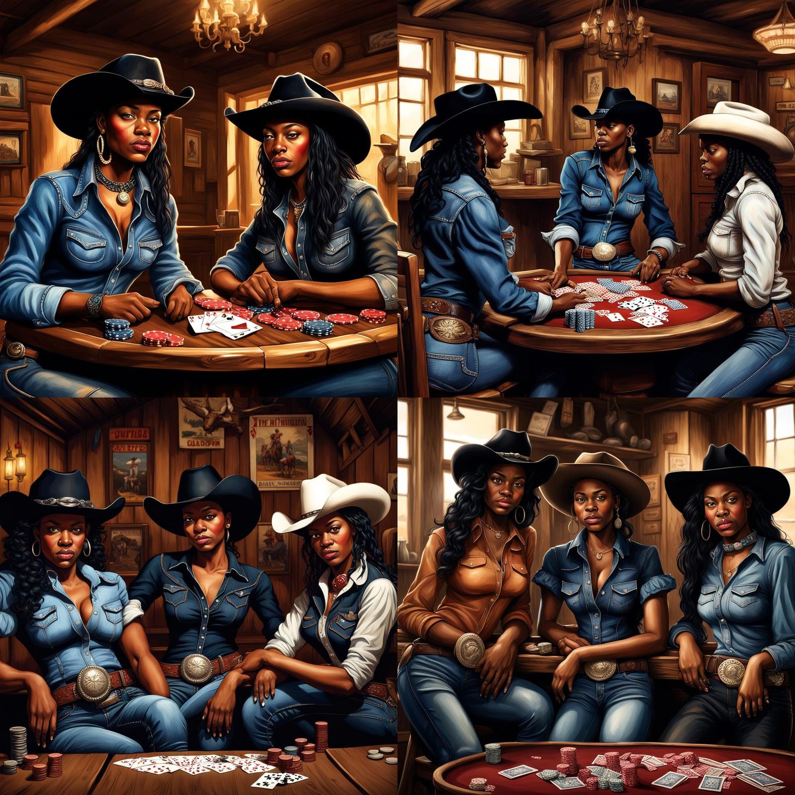 Black Cowgirls Play Poker in Old West Saloon