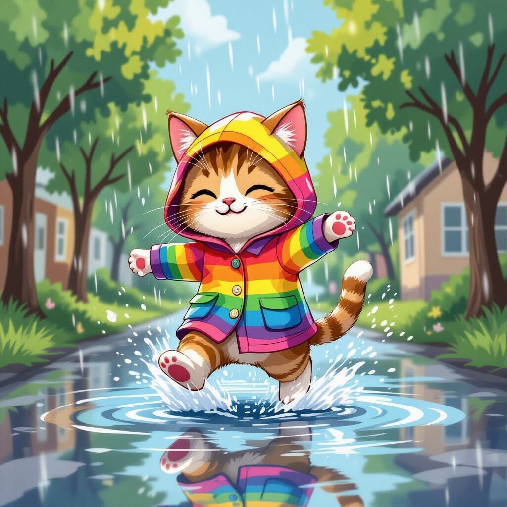 Cartoon Cat Splashing on a Rainy Day