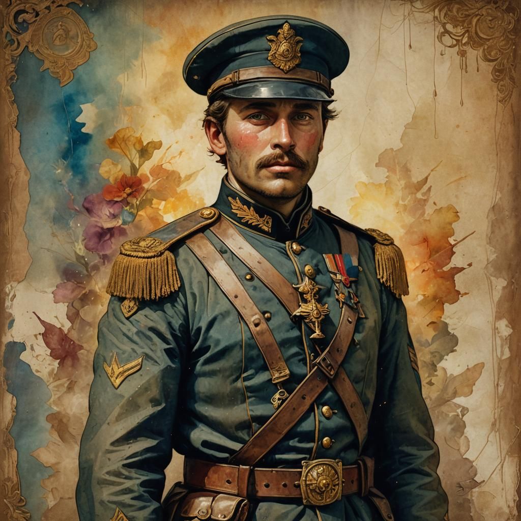 Victorian Soldier Portrait in Sepia Ink and Watercolor