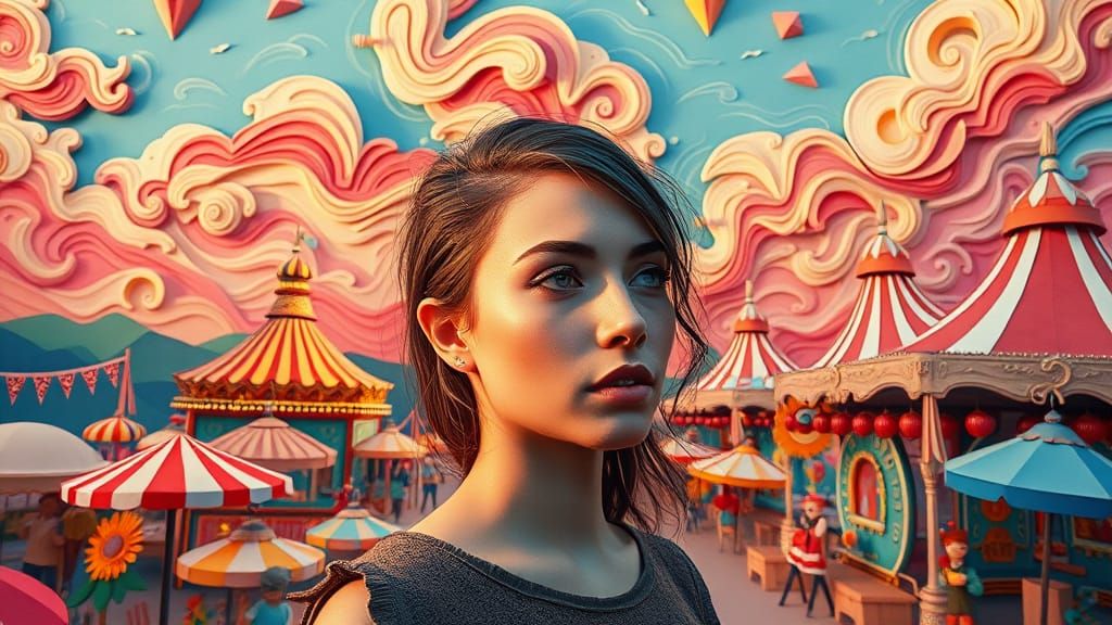 Whimsical Amusement Park Scene with Delicate Liquid Silver C...