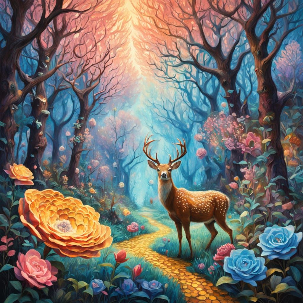 Honeycomb Deer in Bioluminescent Forest, Miyazaki Style