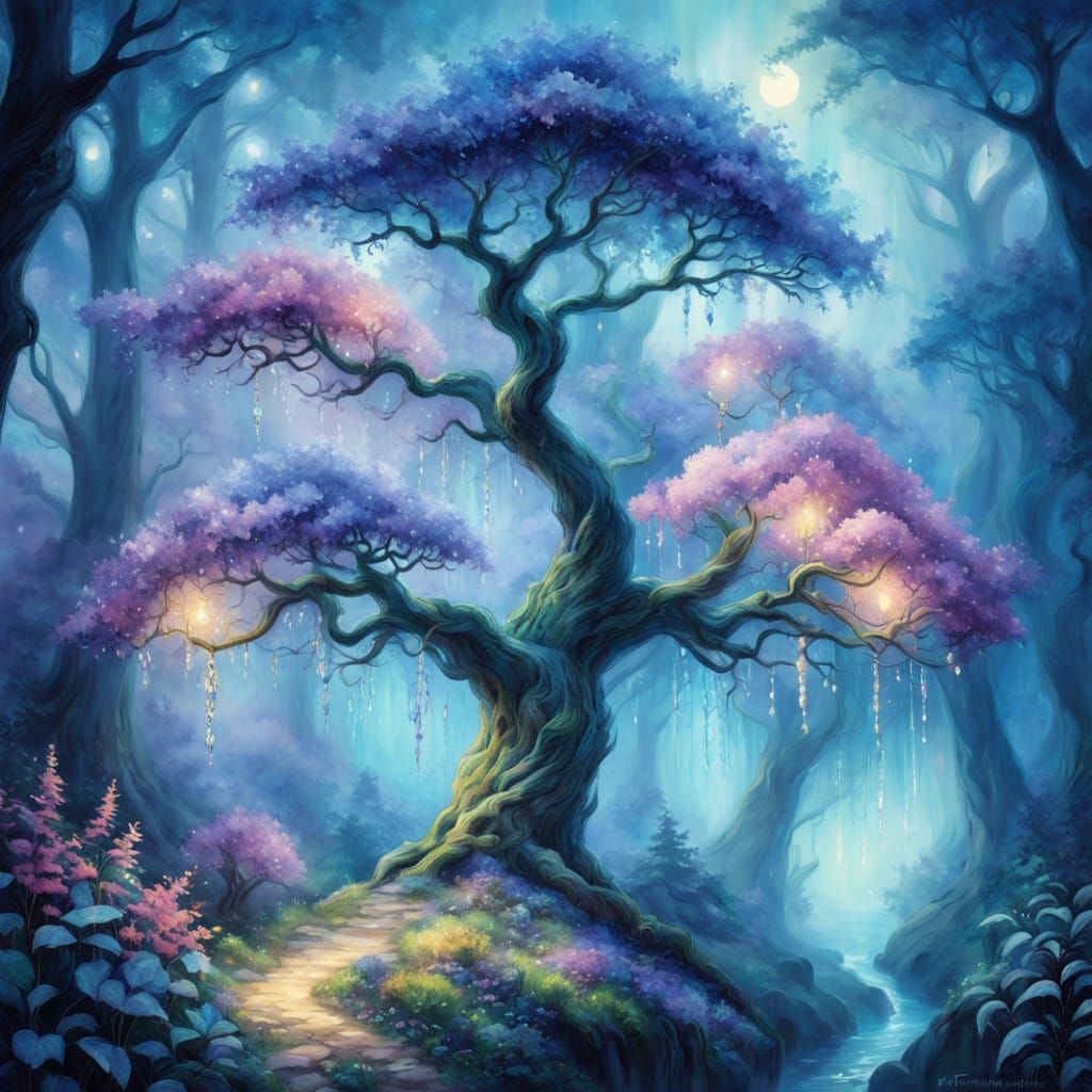 Whimsical Magical Tree Blooms with Crystal Jewels in Misty F...