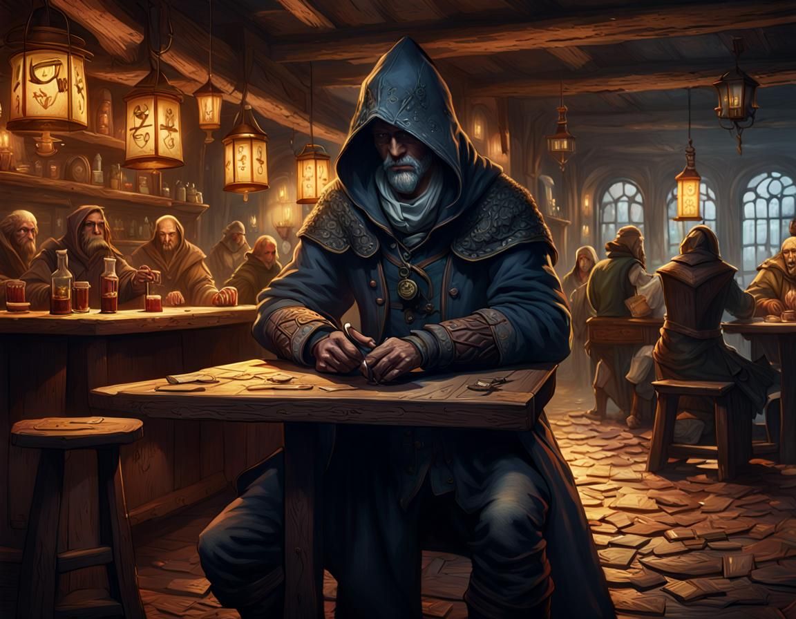 Hooded Figure in Busy Tavern, Matte Painting