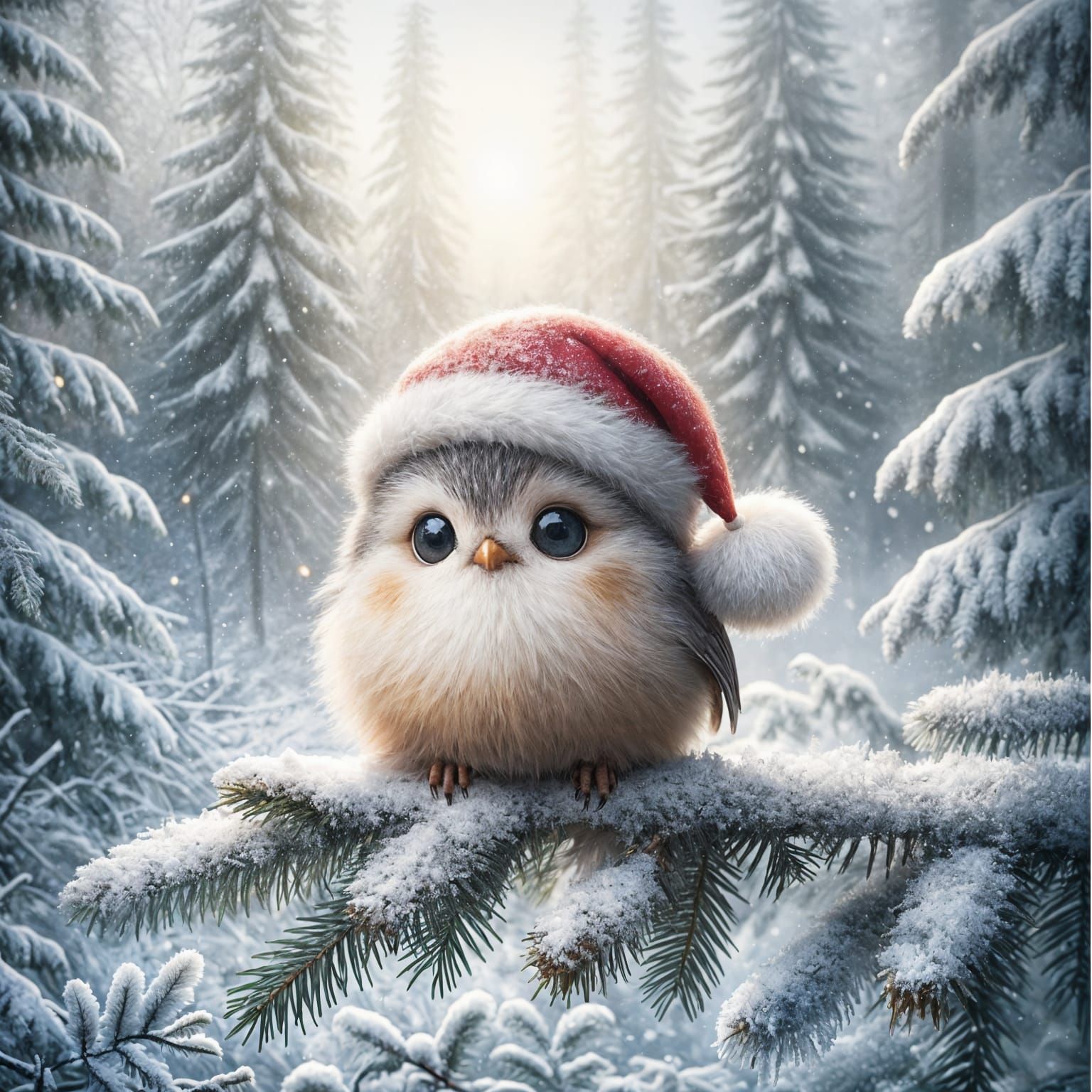 Whimsical Winter Bird in Festive Santa Hat Soars on Snowy Br...