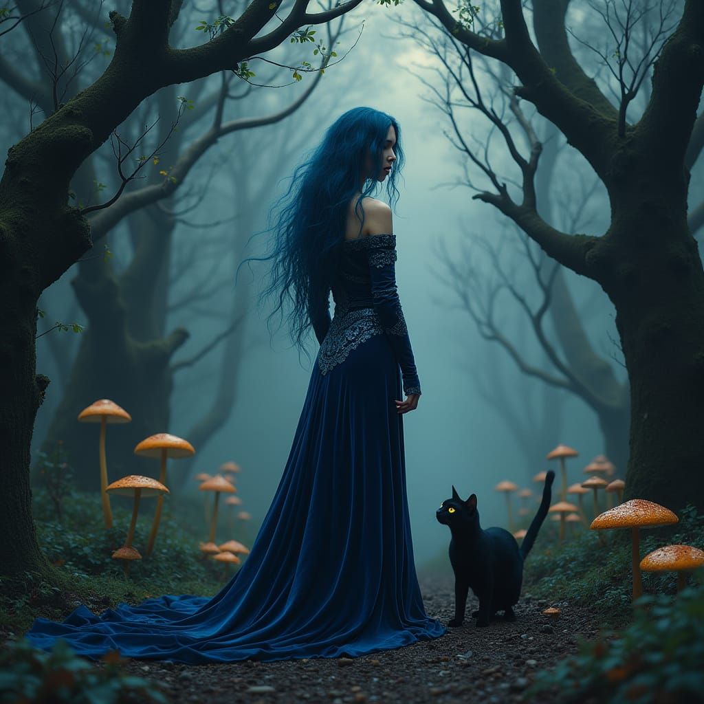 Surreal Woman with Midnight Blue Hair and Velvet Outfit in D...