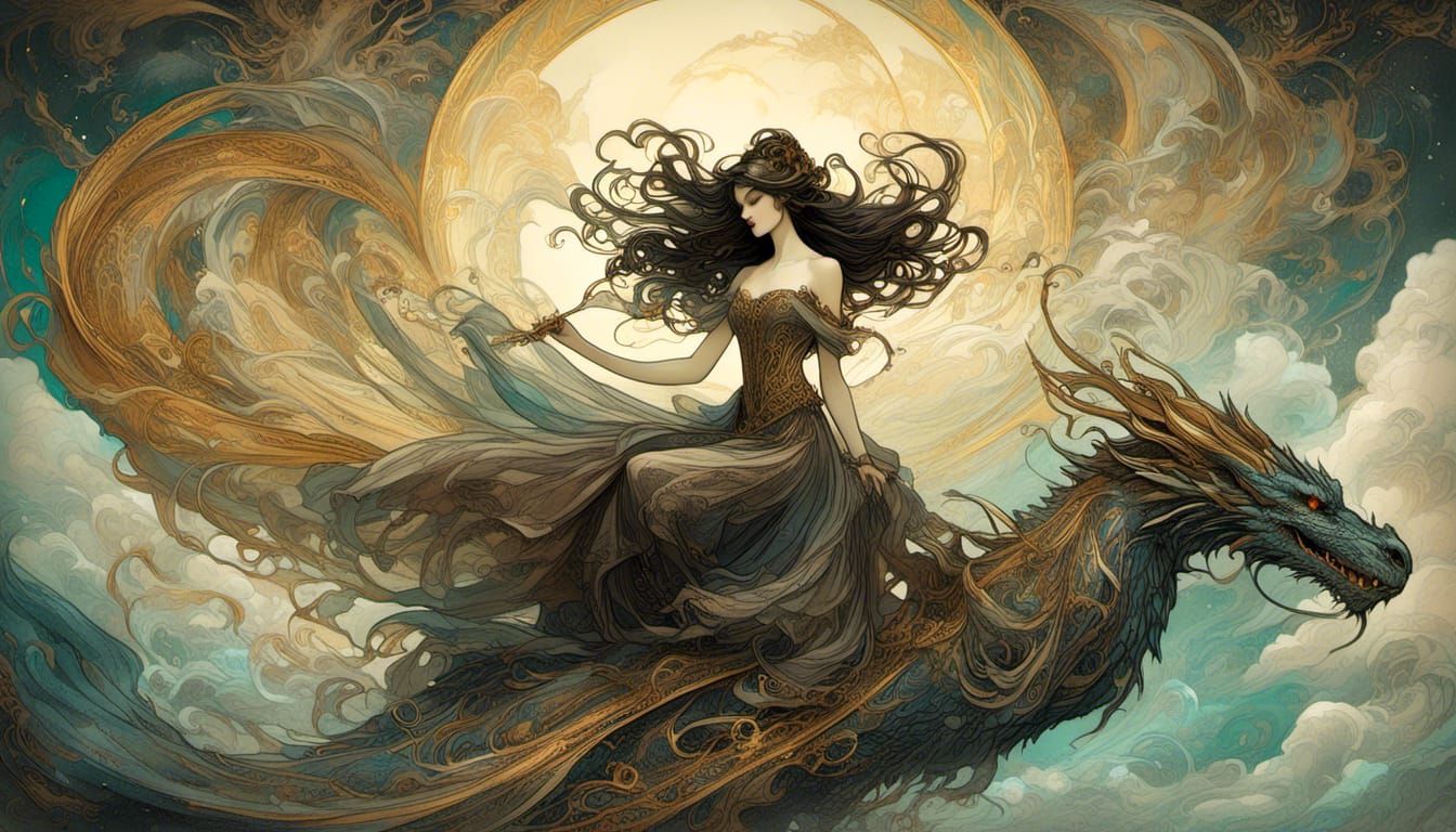 Ethereal Princess on Dragon in Graphic Novel Style