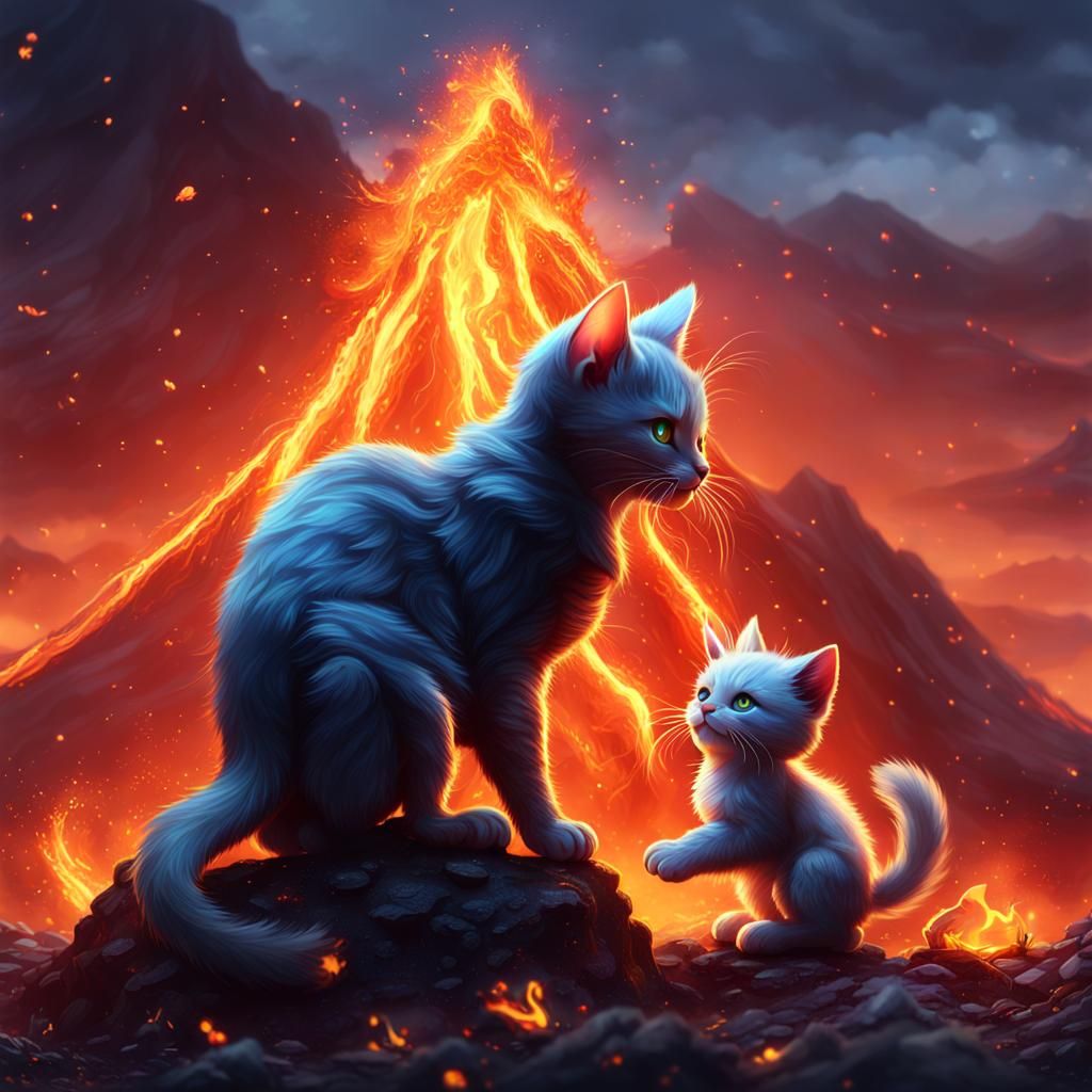 Fiery Kitten's Volcanic Playground: Fantasy Concept Art