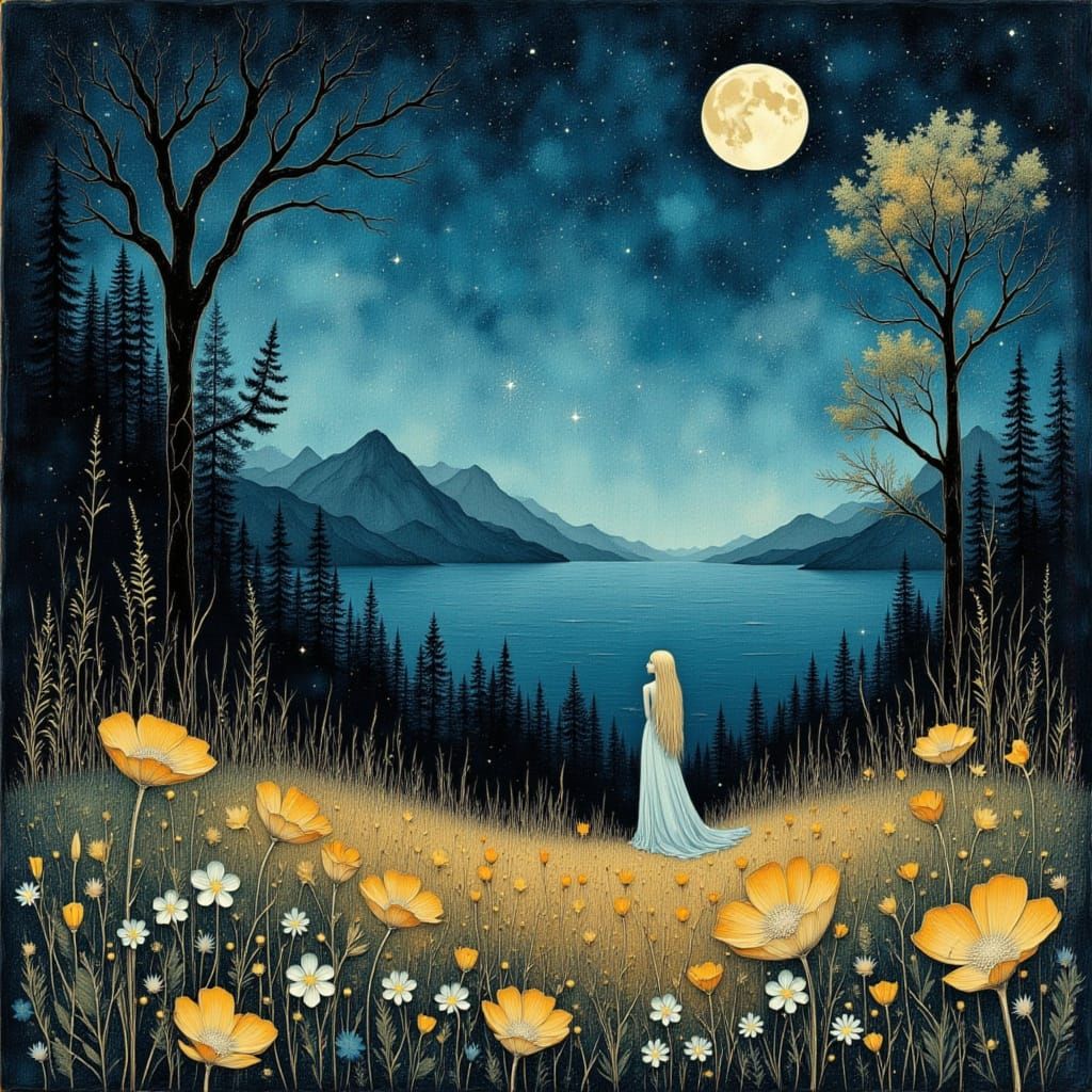 Magical Elf in Twilight Meadow with Two Moons