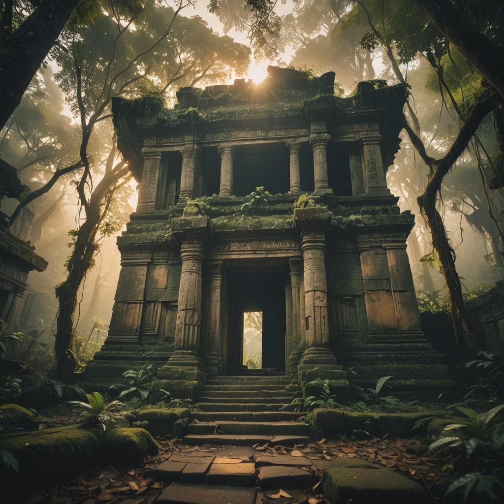 Ethereal Spirit in Overgrown Temple Ruins