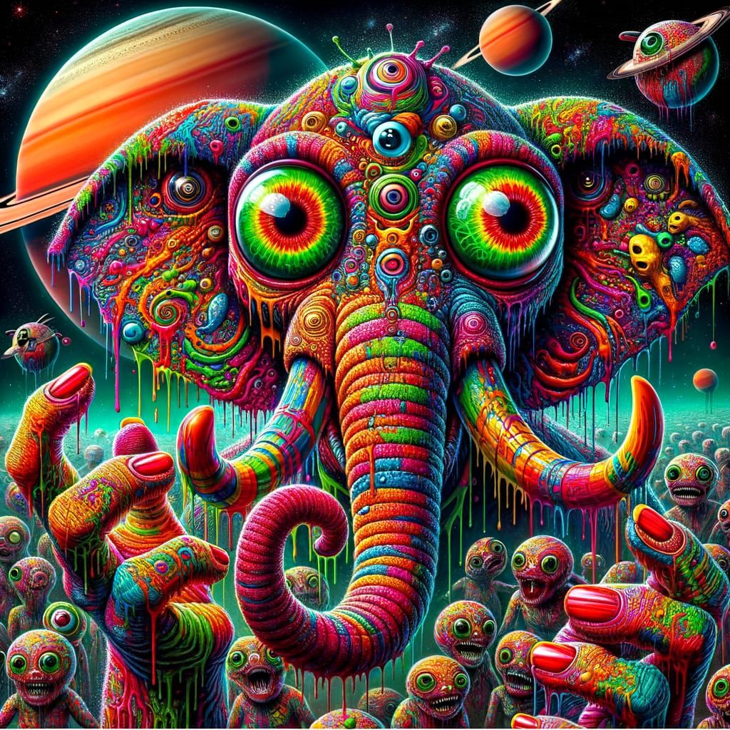 Vibrant, Psychedelic Elephant in Cosmic Landscape