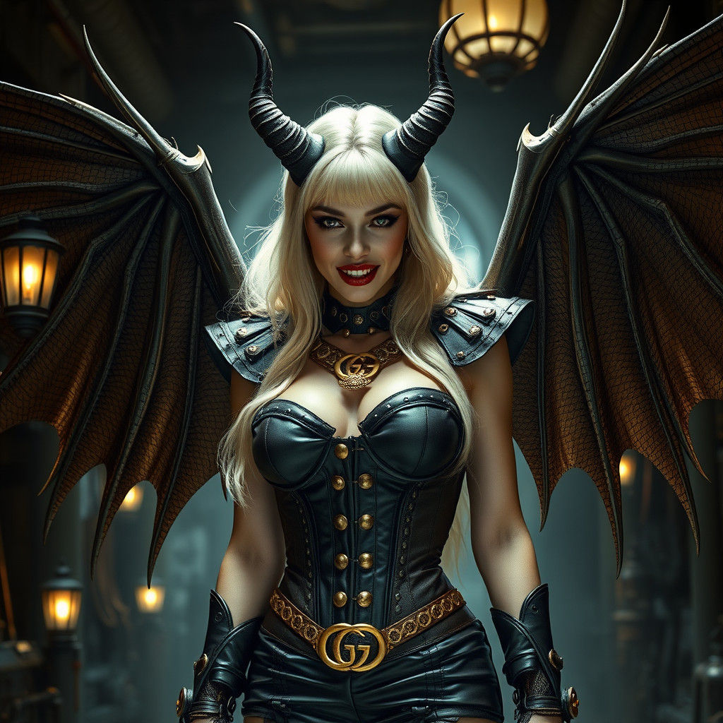 Blonde vampire teeth blood evil. Steampunk 
Horns wings Gucci