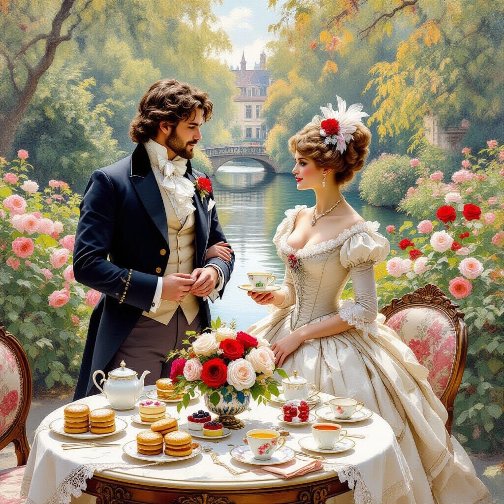 Elegant Couple at 18th Century Tea Party