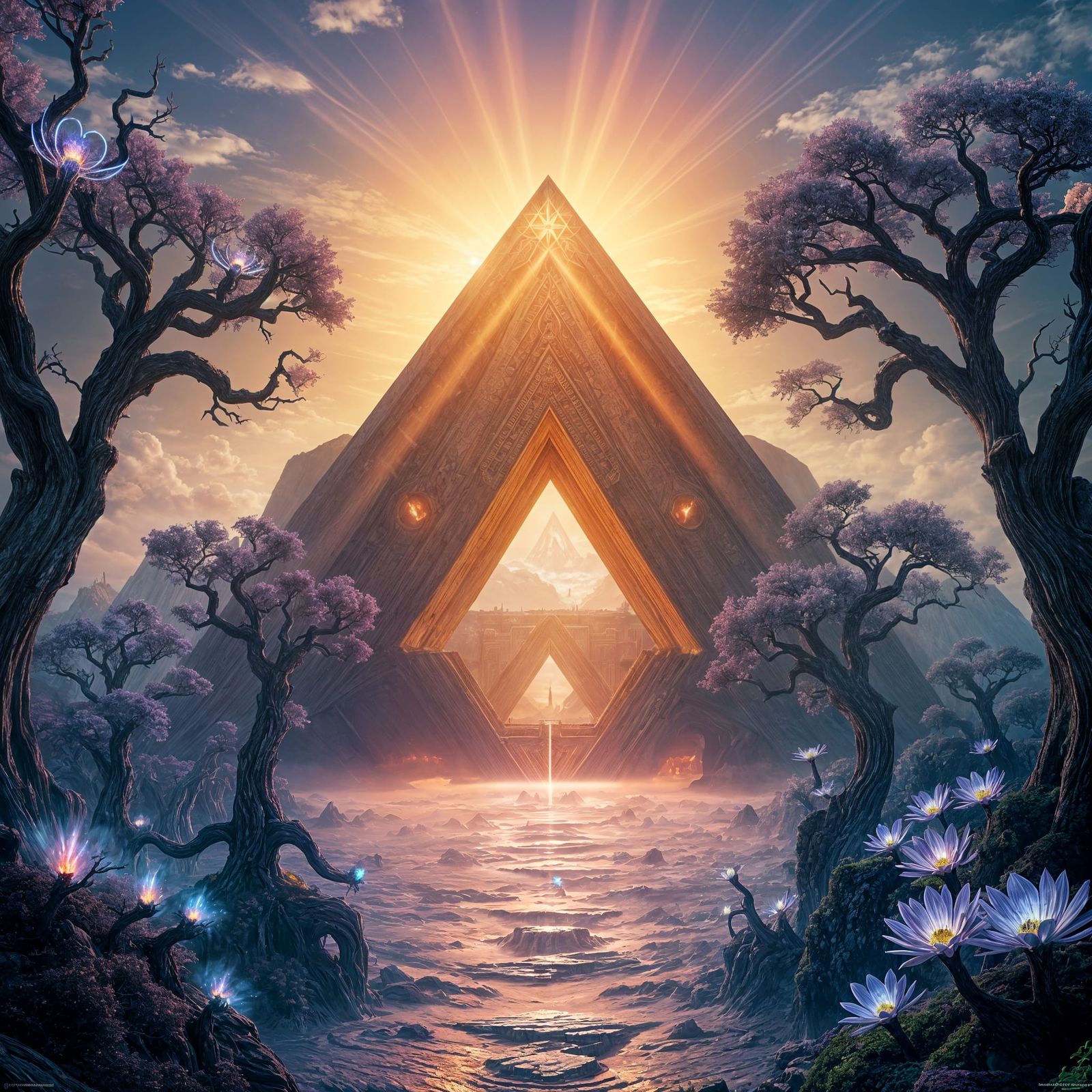 Majestic Triangular Gatehouse Amidst Alien Bloom