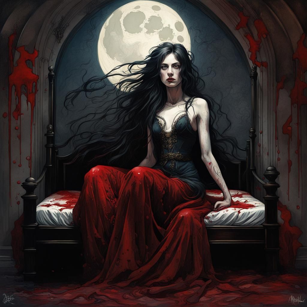 Gothic Woman in Lavish Bed as Oil Painting