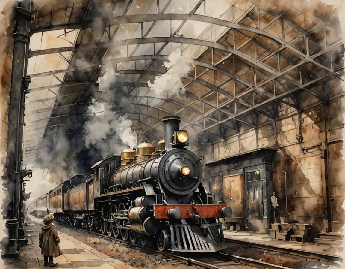 Watercolor Steam Engine at Station with Child