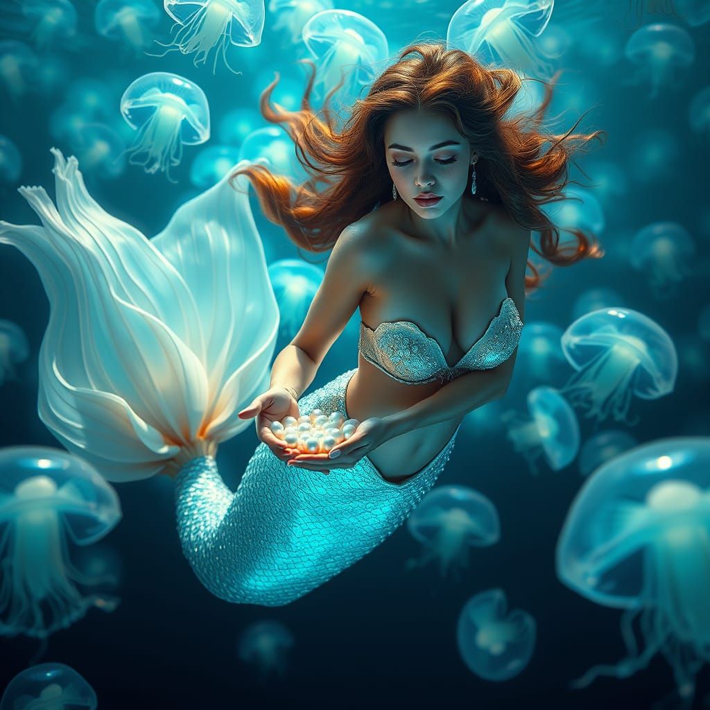 Enchanted Mermaid Goddess with Iridescent Tail and Pearls