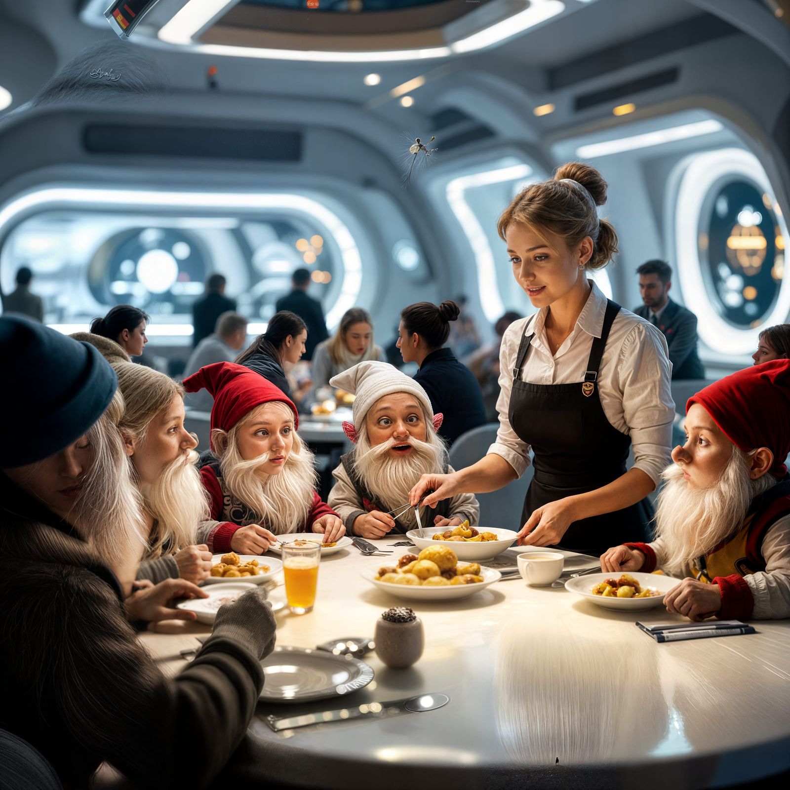 Snežana i sedam patuljaka iz bajke se nalaze u restoranu gde...