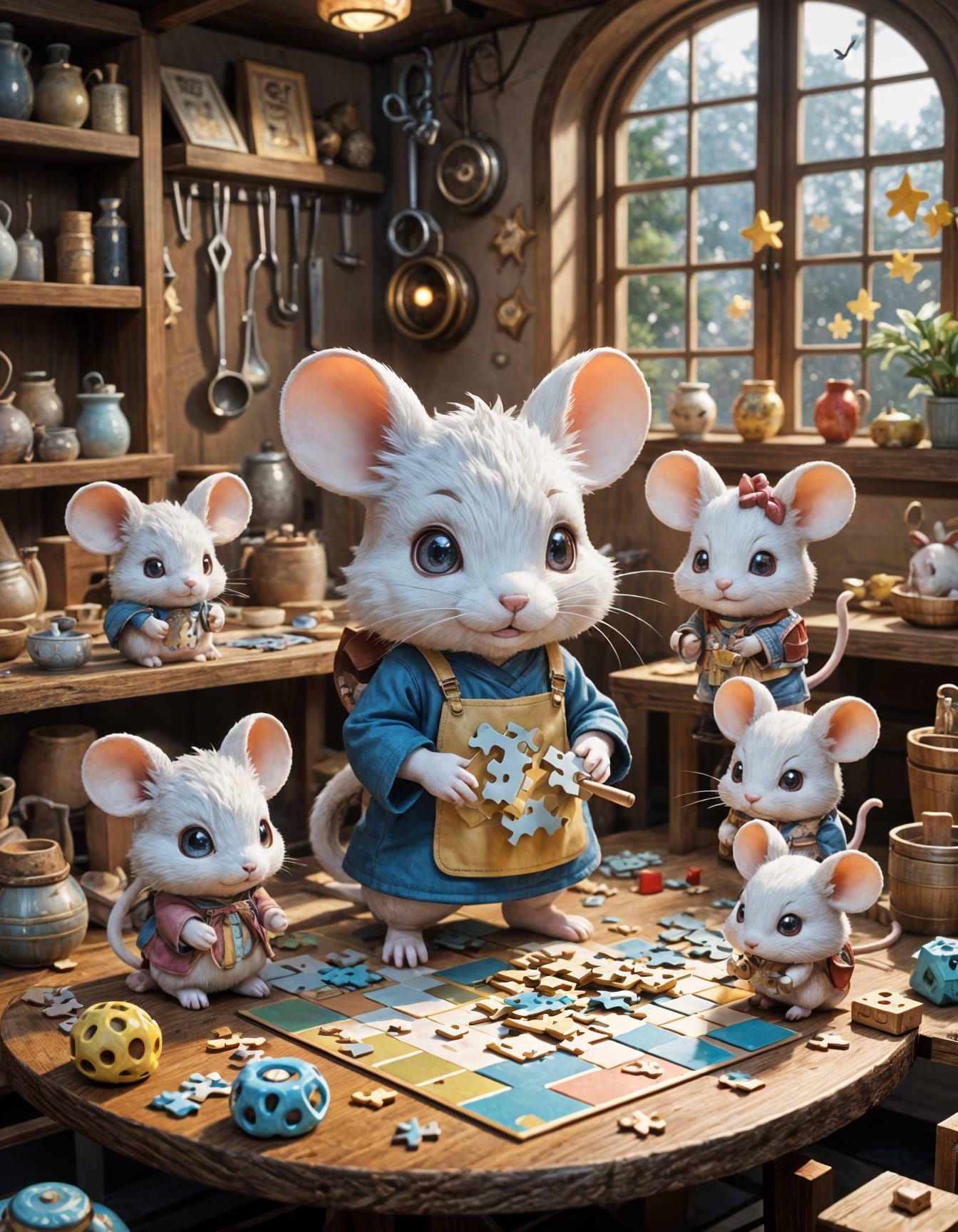 Animated Mice Puzzle Crafters in Chibi Style