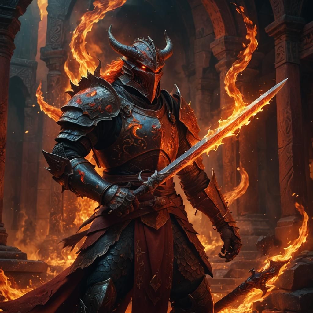 Dragonborn Flame Knight in Burning Temple: Fantasy Art