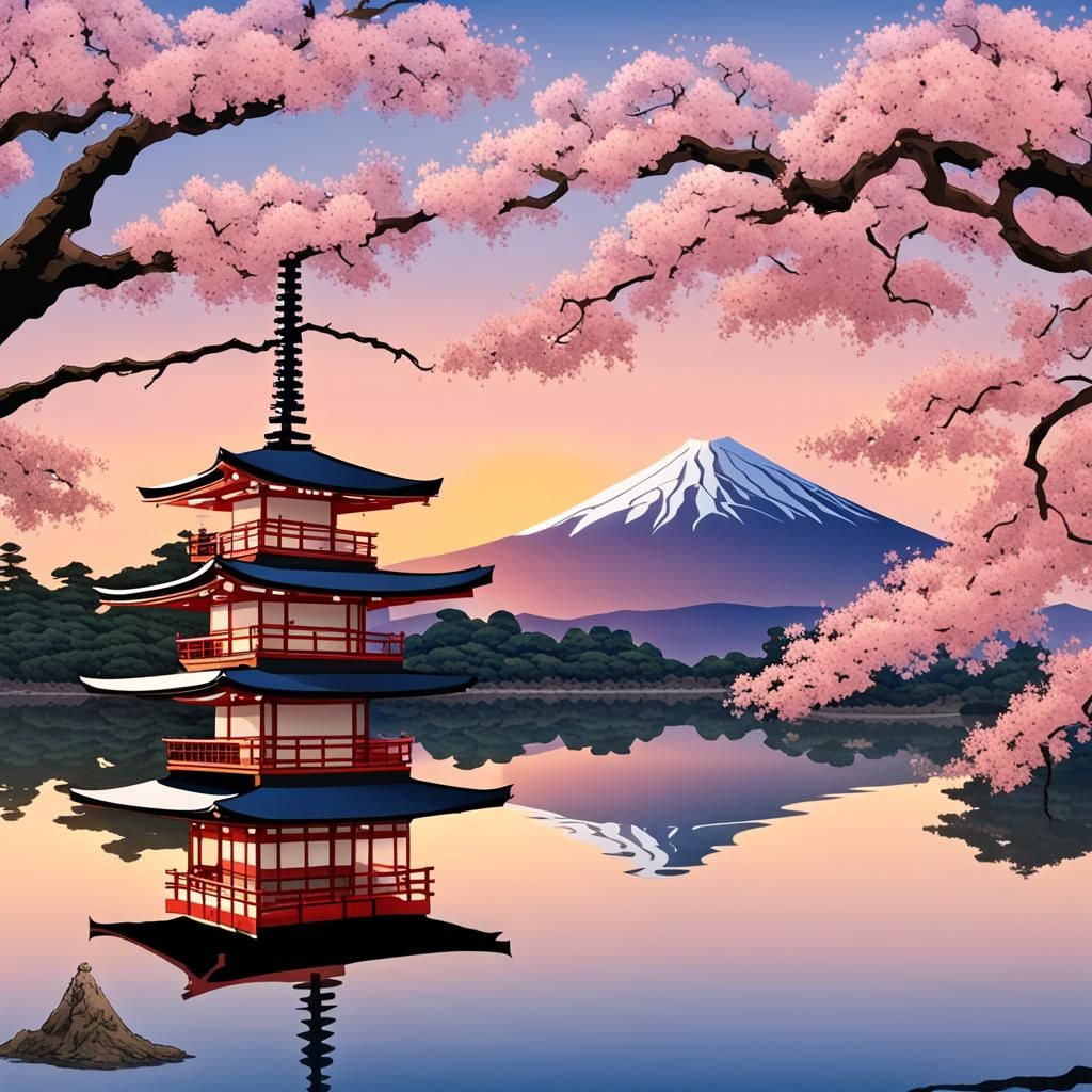 Japanese Sunset with Volcano and Sakura