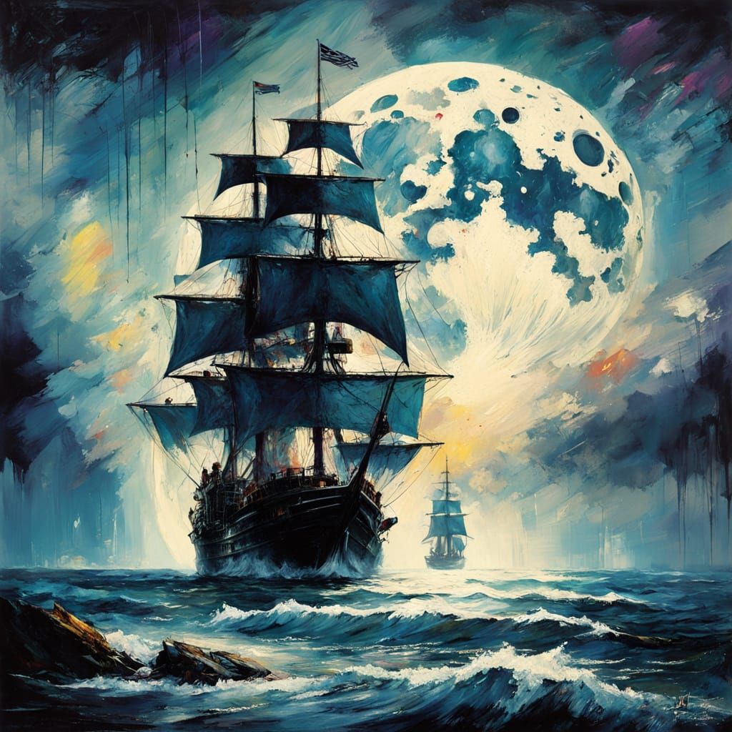 Sail Ship on a Moonscape Ocean