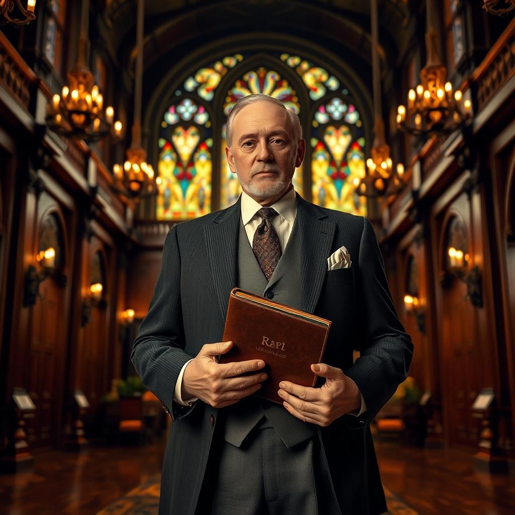 Nostalgic Gentleman in Grand Hall, Cinematic Photography