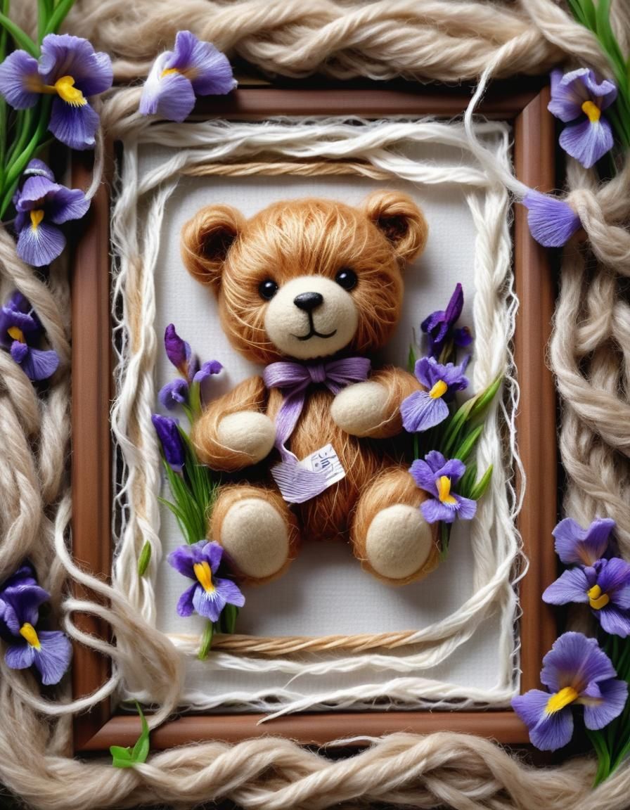 Photorealistic  furry cute teddy bear inside  postage frame ...