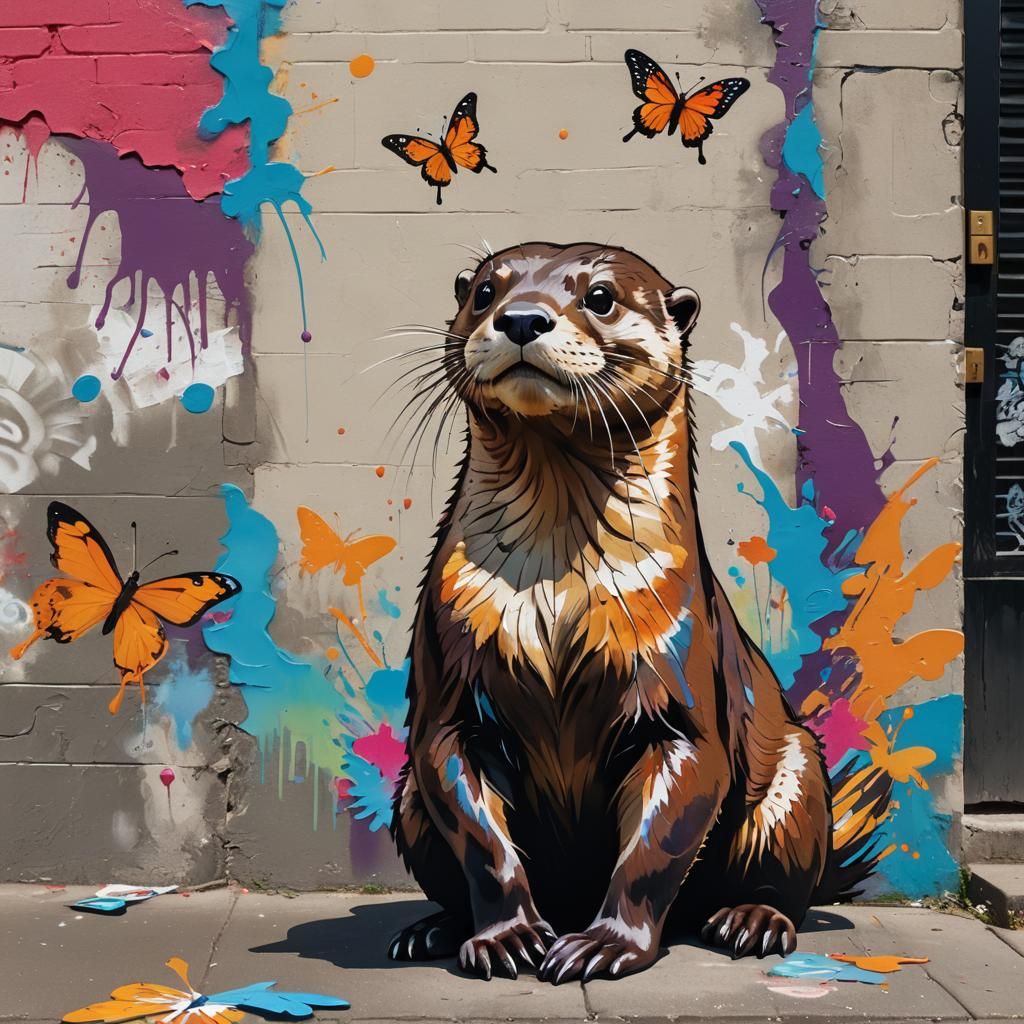 Otter and Butterfly in Vibrant Street Art Style