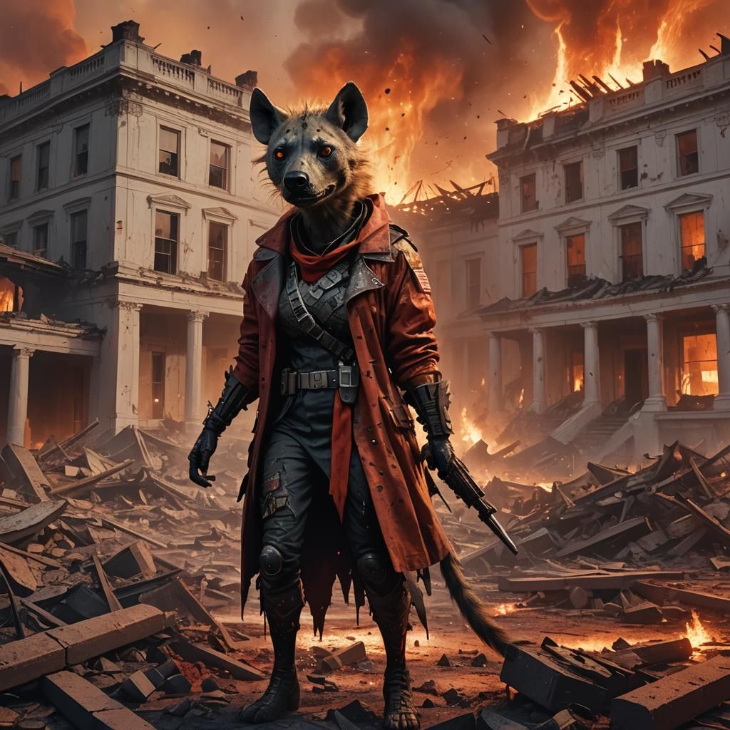 Hyena Humanoid in Presidential Outfit Amidst White House Rui...