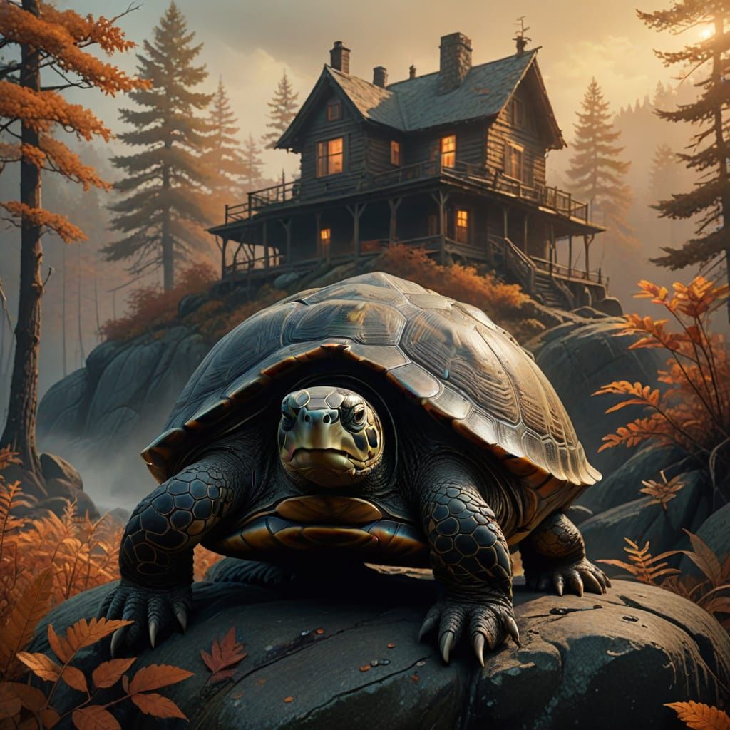 Mystical Turtle with Autumn Cabin Body Art in Golden Light