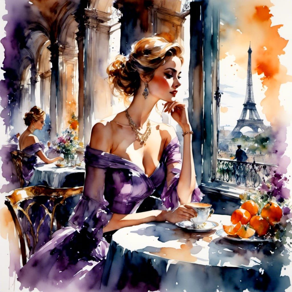 Beautiful Woman in Purple Dress, Watercolor Oil Painting