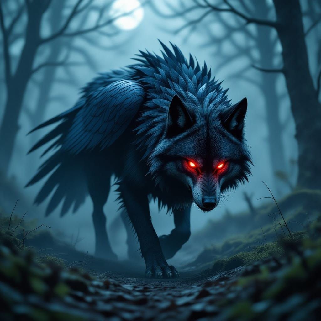 Hybrid Wolf-Raven Creature in Moonlit Forest