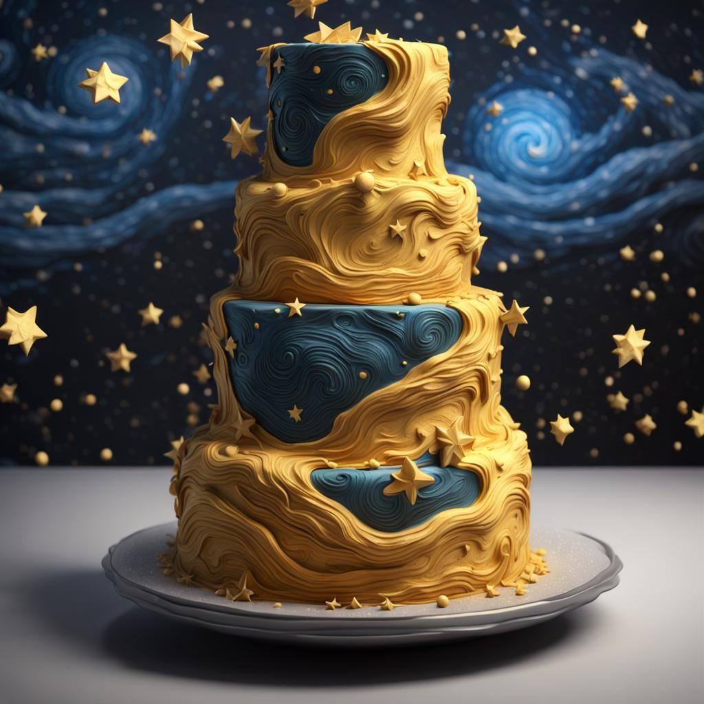 Starry Night Cake Sculpture in 3D Cinematic Style