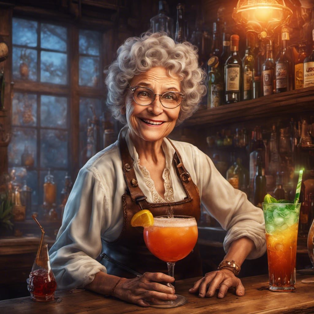 Medieval Grandmother Bartender with Glowing Cocktail