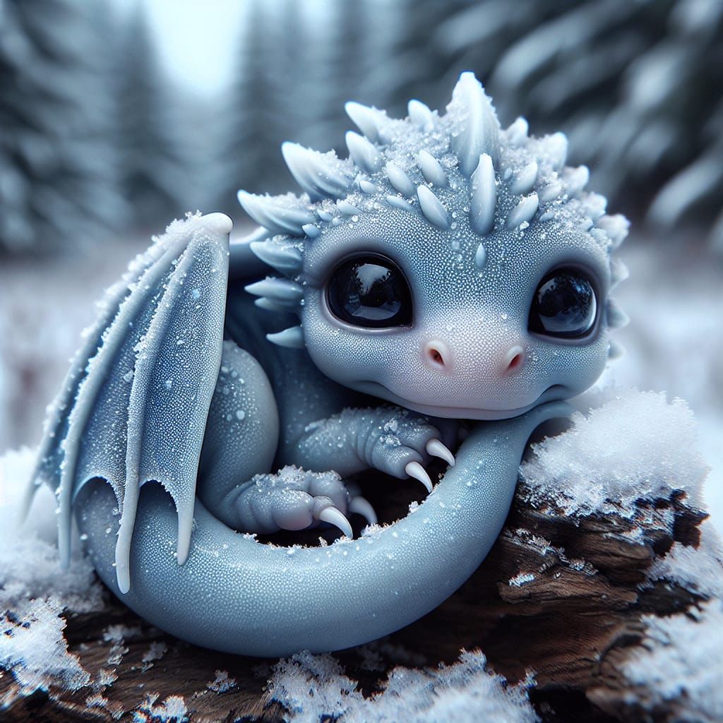 Enchanting Icy Blue Baby Dragon in Snowy Forest