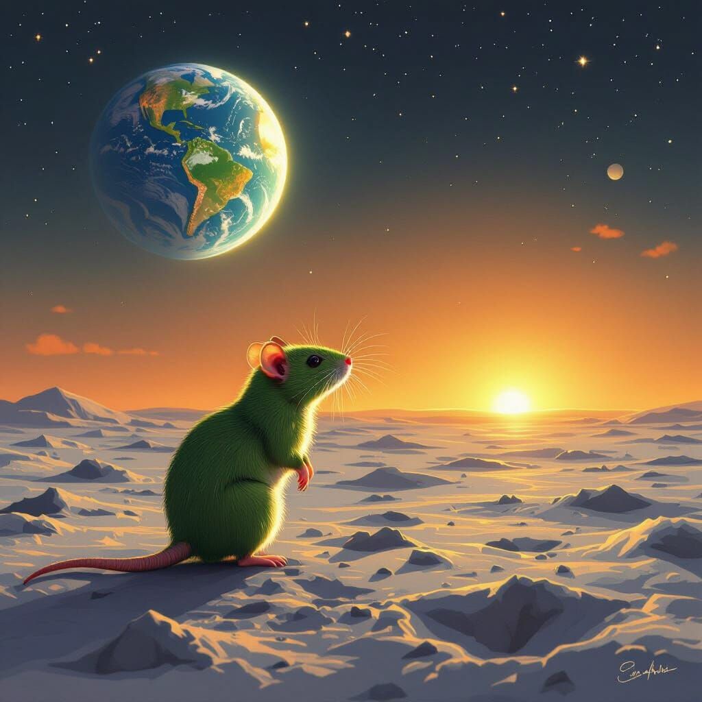 Green Rat Gazes at Earth from Moon Surface