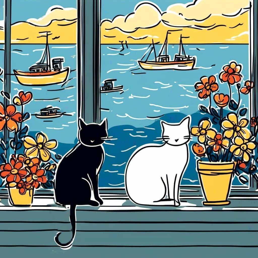 Stick Figure Cat Watches Boats at Port