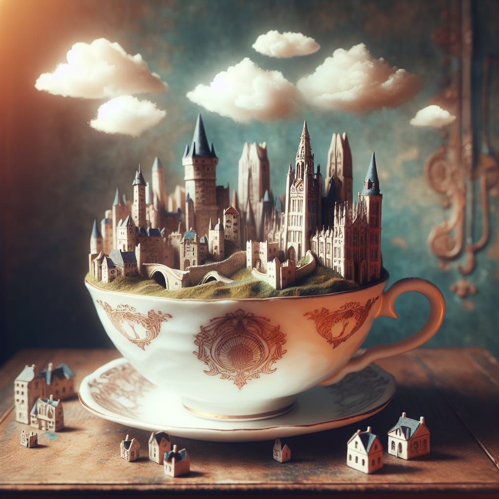 Miniature Fantastical City Inside a Teacup